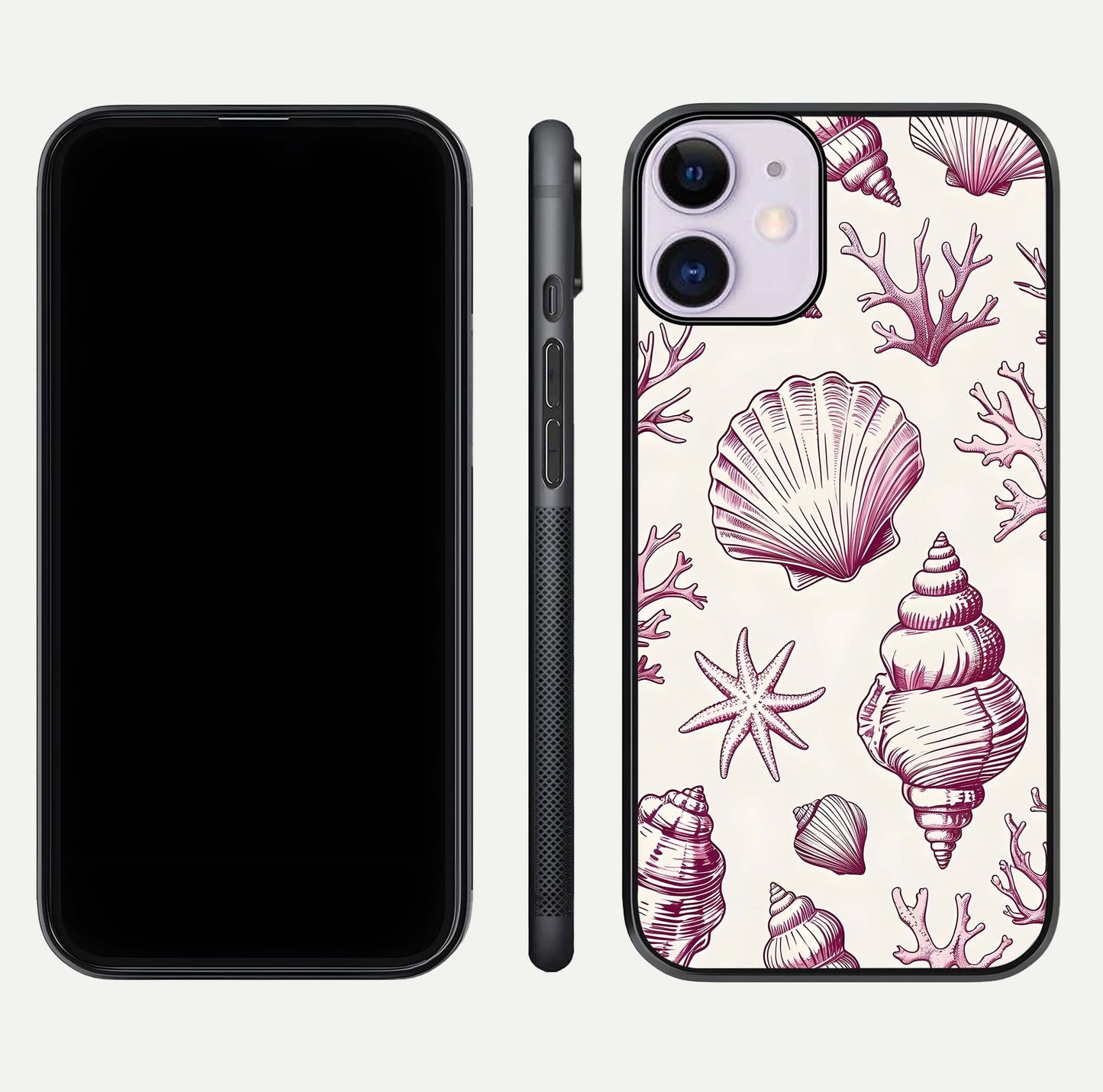 Pink Shells Outline Glass Case for iPhone 11 front & back layout showing soft pastel tones and edge design
