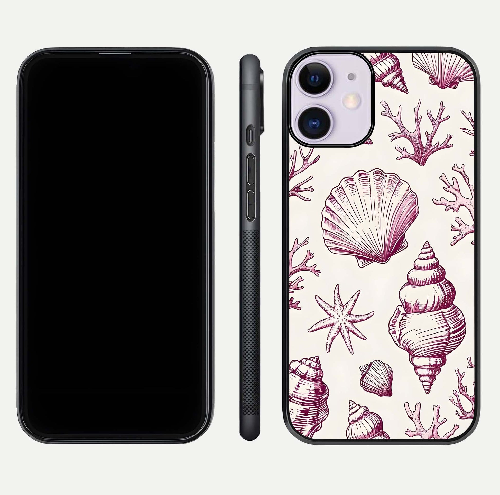 Pink Shells Outline Glass Case for iPhone 11 front & back layout showing soft pastel tones and edge design