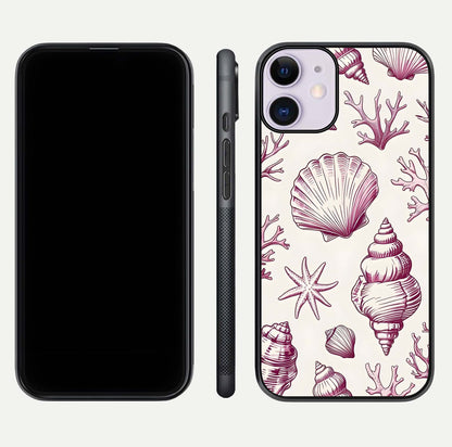 Pink Shells Outline Glass Case for iPhone 11 front & back layout showing soft pastel tones and edge design