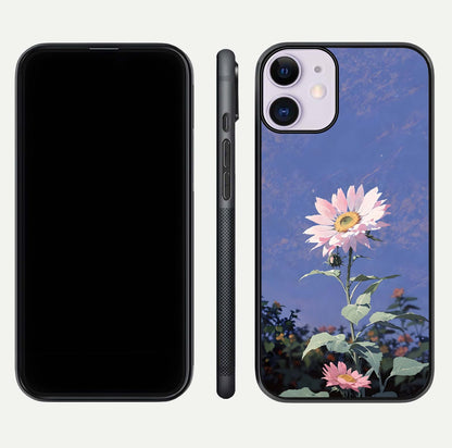 Pink Sunflower Glow Glass Case for iPhone 11 front & back layout showing HD tones and bright finish
