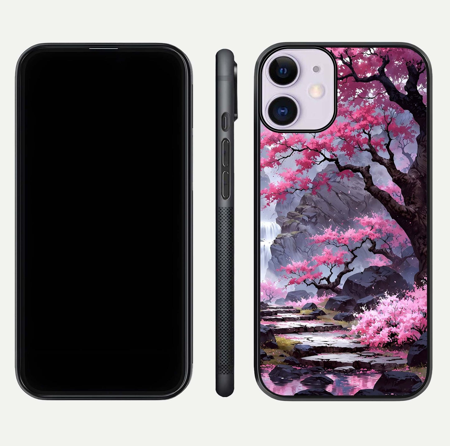 Pinkish Scenery Glass Case for iPhone 11 front & back layout showing landscape art and curved edge finish