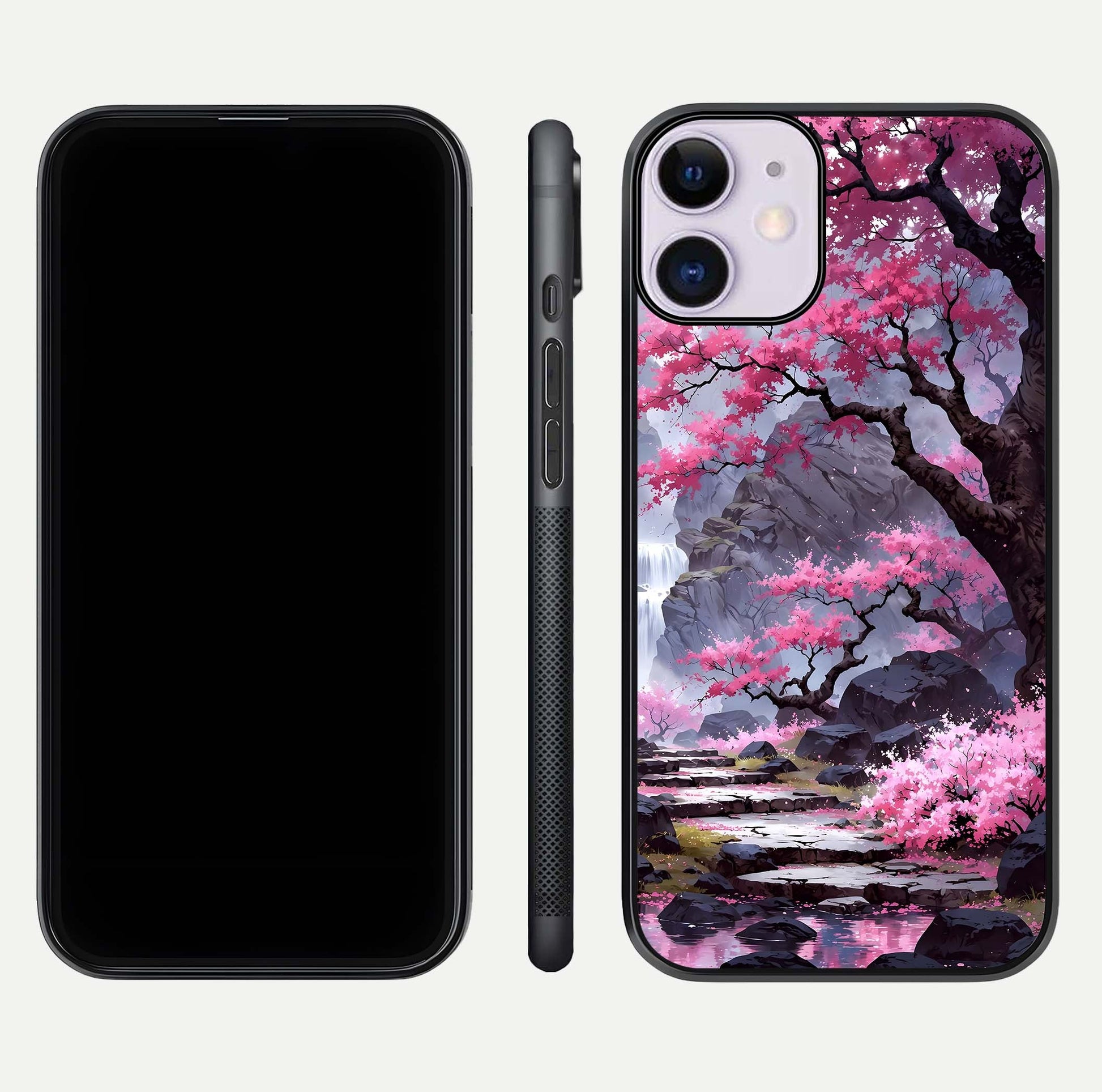 Pinkish Scenery Glass Case for iPhone 11 front & back layout showing landscape art and curved edge finish