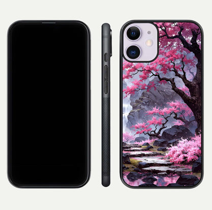 Pinkish Scenery Glass Case for iPhone 11 front & back layout showing landscape art and curved edge finish