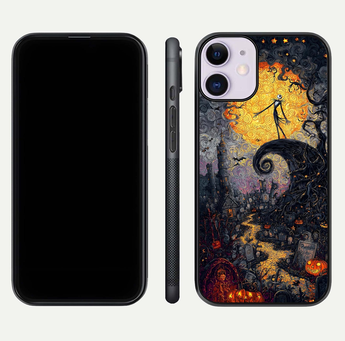 Pumpkin Moon Night Glass Case for iPhone 11 front & back layout highlighting festive tones and smooth edges