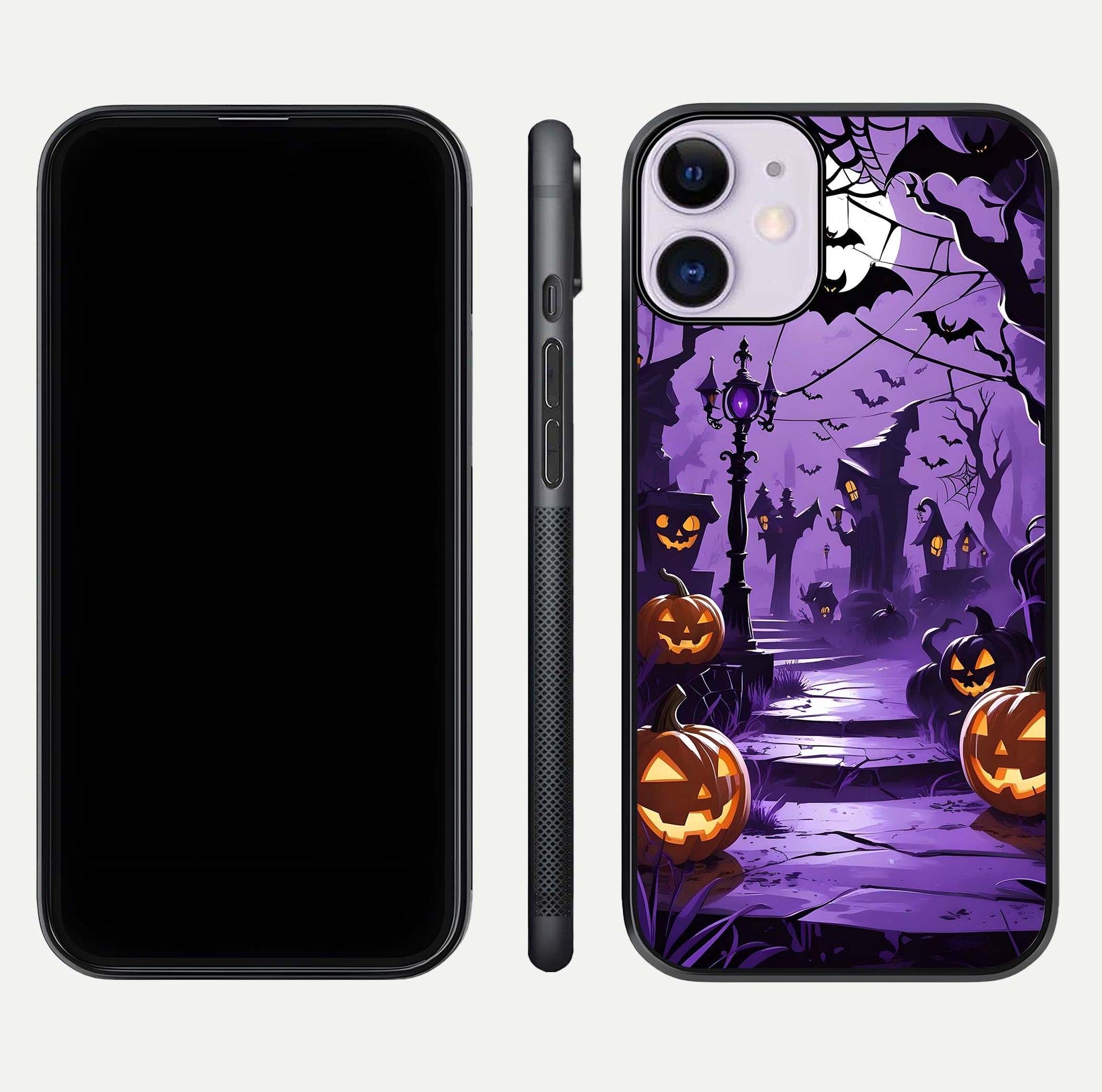Pumpkin Patch Halloween Glass Case for iPhone 11 front & back layout showing festive Halloween print