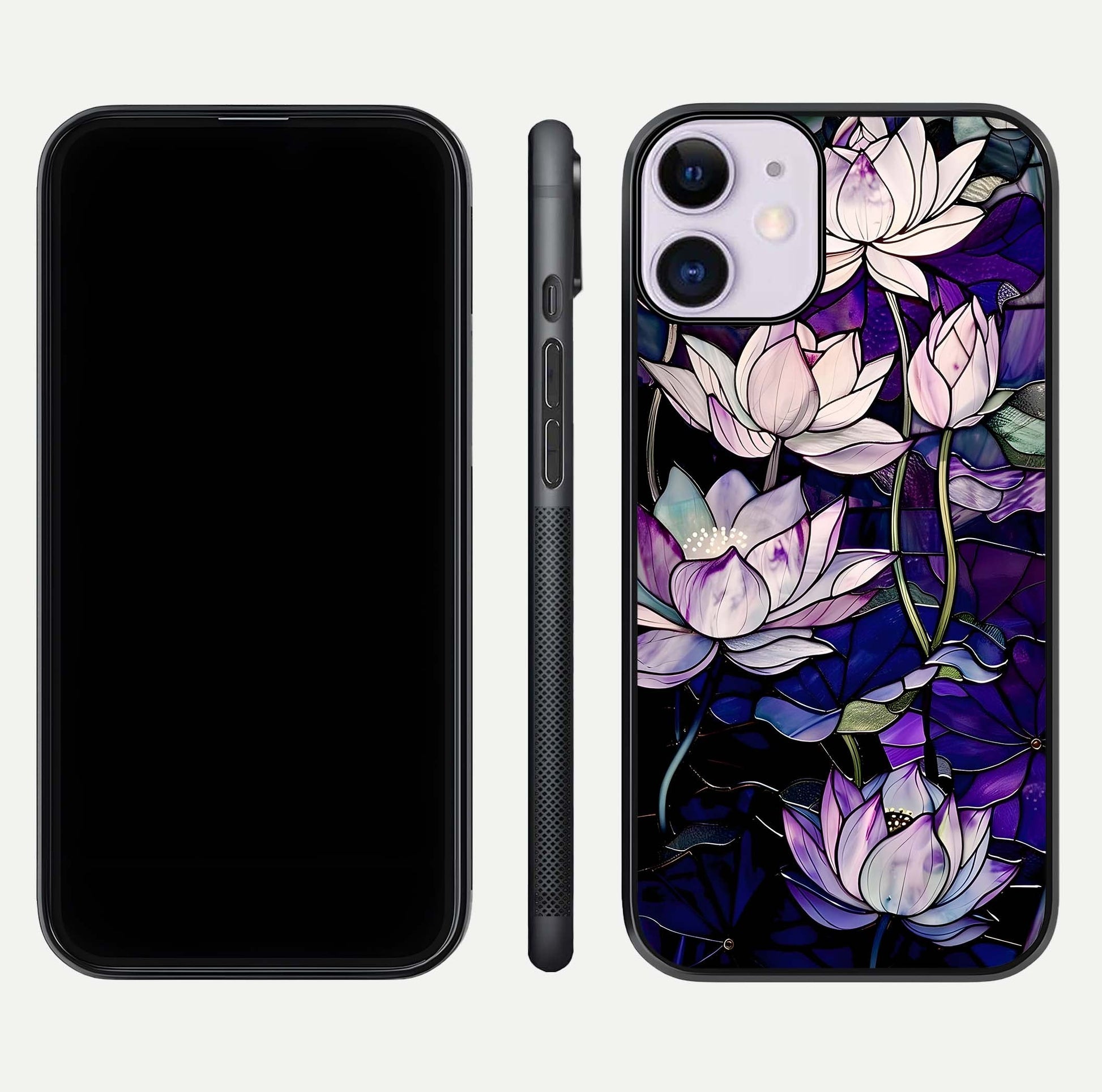 Purple Lotus Pattern Glass Case for iPhone 11 front & back layout highlighting floral tones and soft edges
