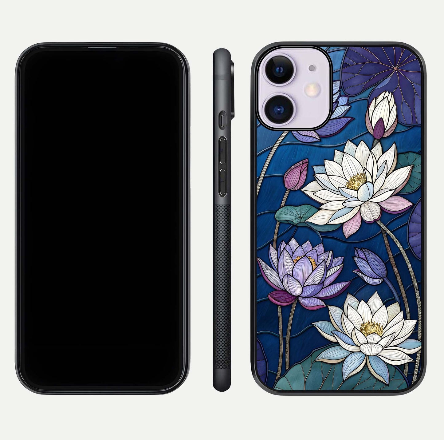 Purple Lotus Stained Glass Case for iPhone 11 front & back layout showing bright tones and smooth edge finish