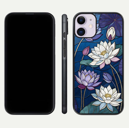 Purple Lotus Stained Glass Case for iPhone 11 front & back layout showing bright tones and smooth edge finish