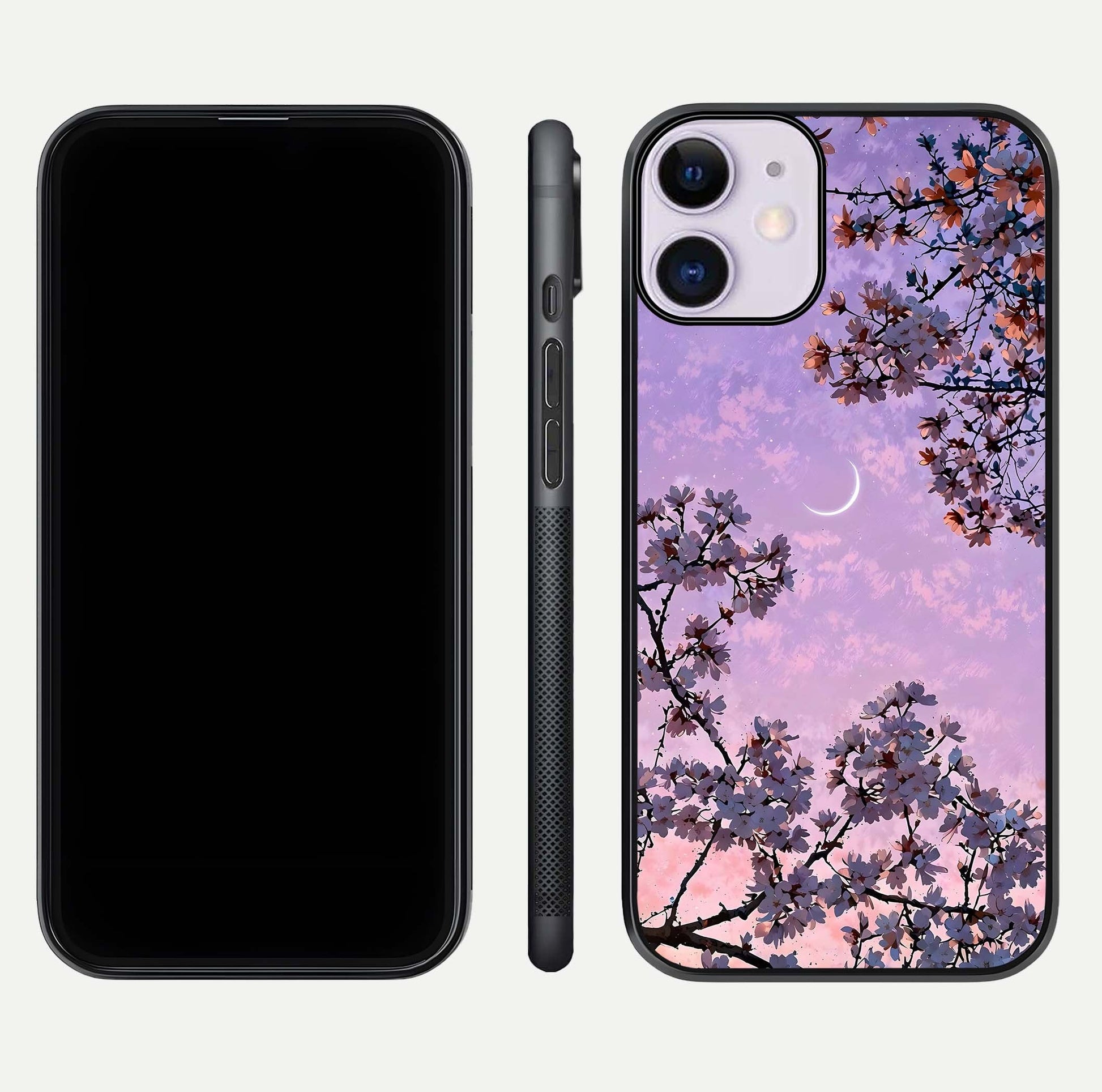 Purple Serenity Moon Glass Case for iPhone 11 front & back layout highlighting celestial tones and curves