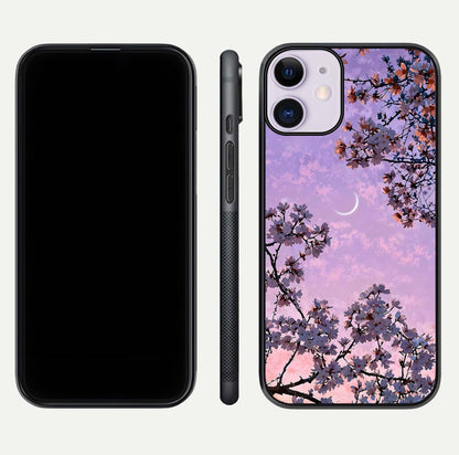 Purple Serenity Moon Glass Case for iPhone 11 front & back layout highlighting celestial tones and curves