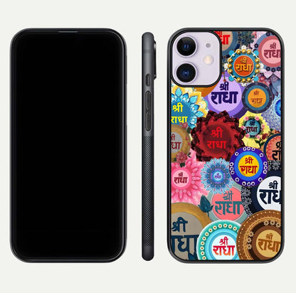 Radha Divine Bloom Glass Case for iPhone 11 front & back layout showing spiritual tones and elegant edges