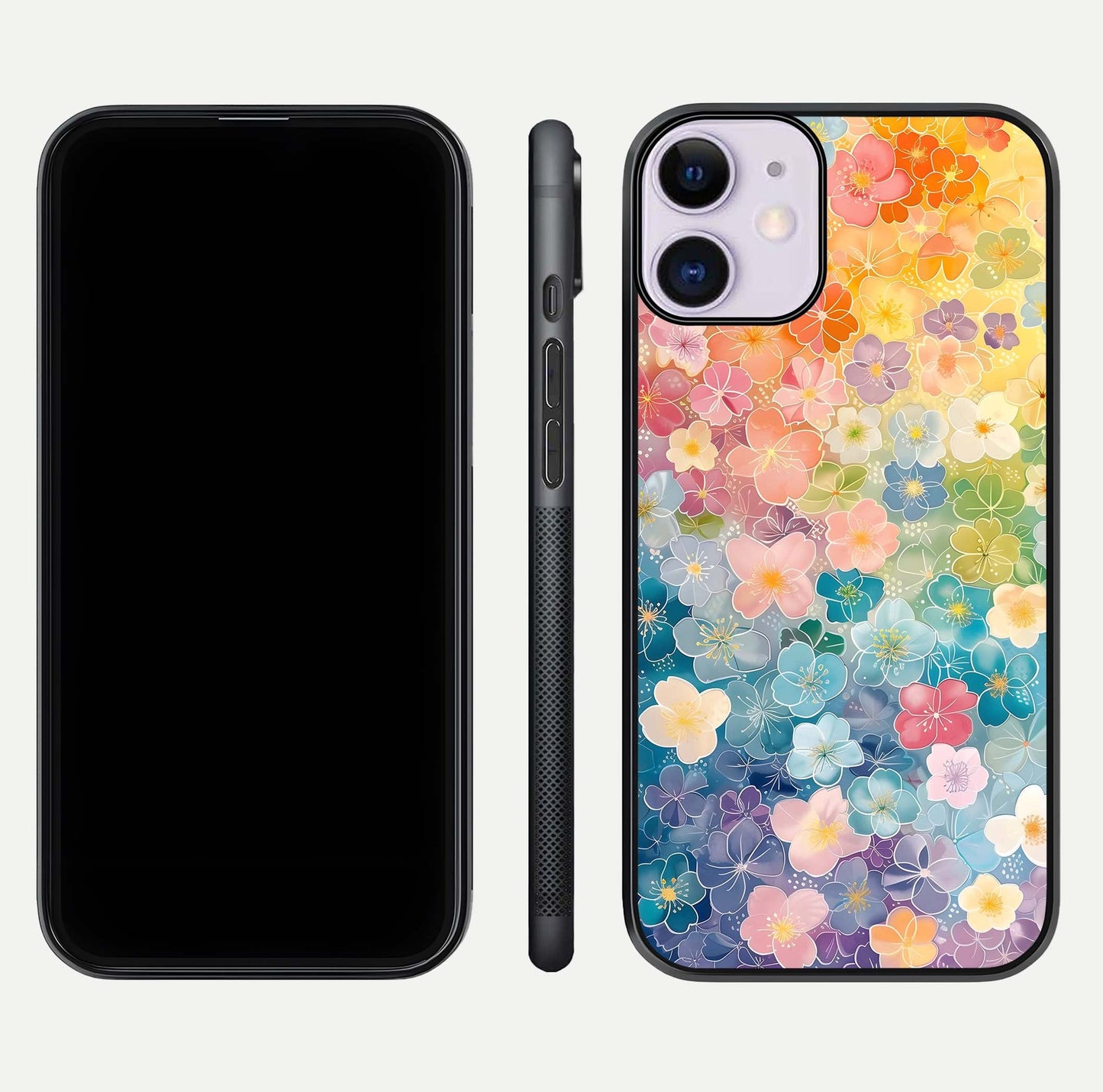 Rainbow Blossom Burst Glass Case for iPhone 11 front & back layout showing bright tones and edge finish
