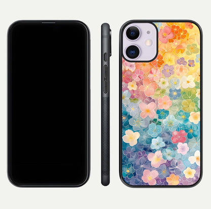 Rainbow Blossom Burst Glass Case for iPhone 11 front & back layout showing bright tones and edge finish
