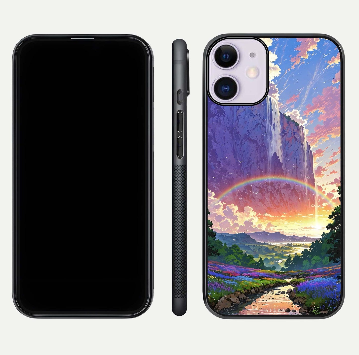 Rainbow Valley Dream Glass Case for iPhone 16 Pro front & back layout showing smooth color blend and curved edge