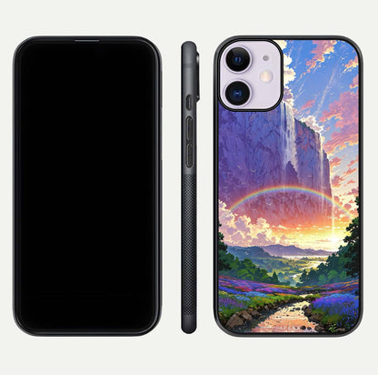 Rainbow Valley Dream Glass Case for iPhone 16 Pro front & back layout showing smooth color blend and curved edge