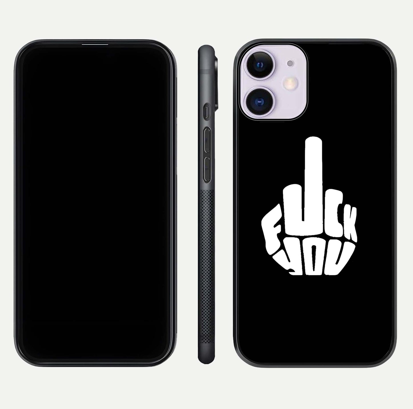 Rebel Mode On Glass Case for iPhone 11 front & back layout showing minimal tone and clean edge fit
