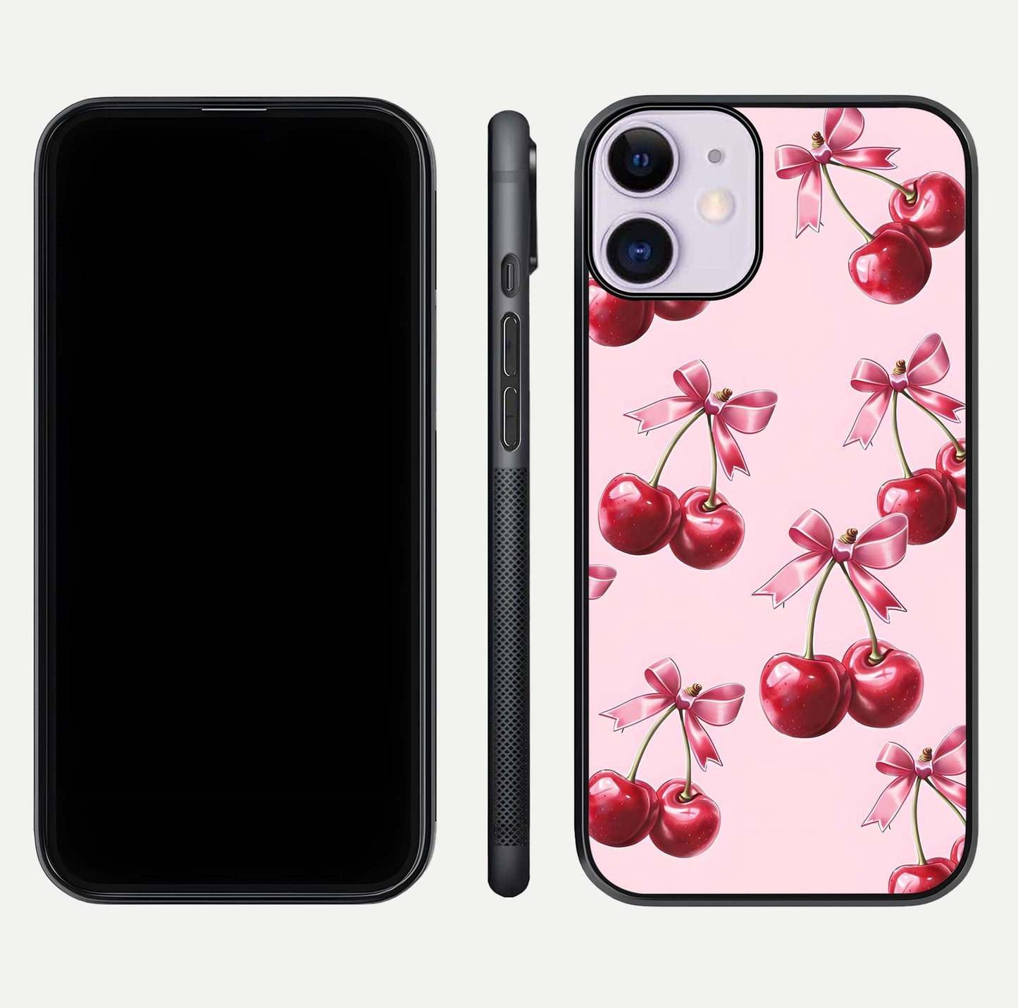Red Cherries Pattern Glass Case for iPhone 11 front & back layout highlighting vibrant fruit print and edges