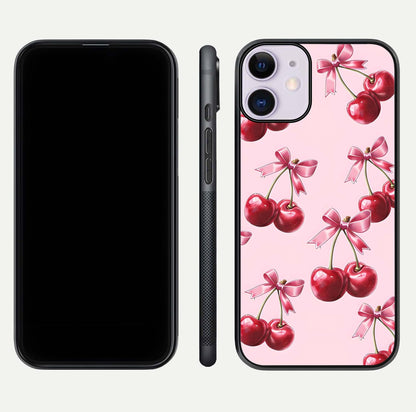 Red Cherries Pattern Glass Case for iPhone 11 front & back layout highlighting vibrant fruit print and edges