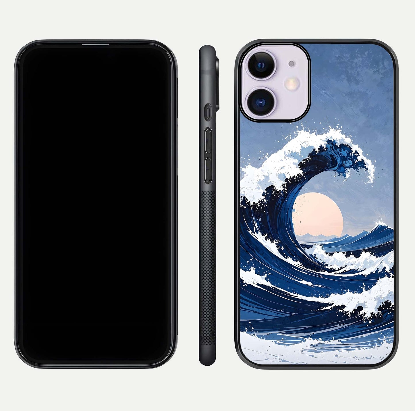 Rising Tide Power Glass Case for iPhone 11 front & back layout showing ocean design and smooth glass edge