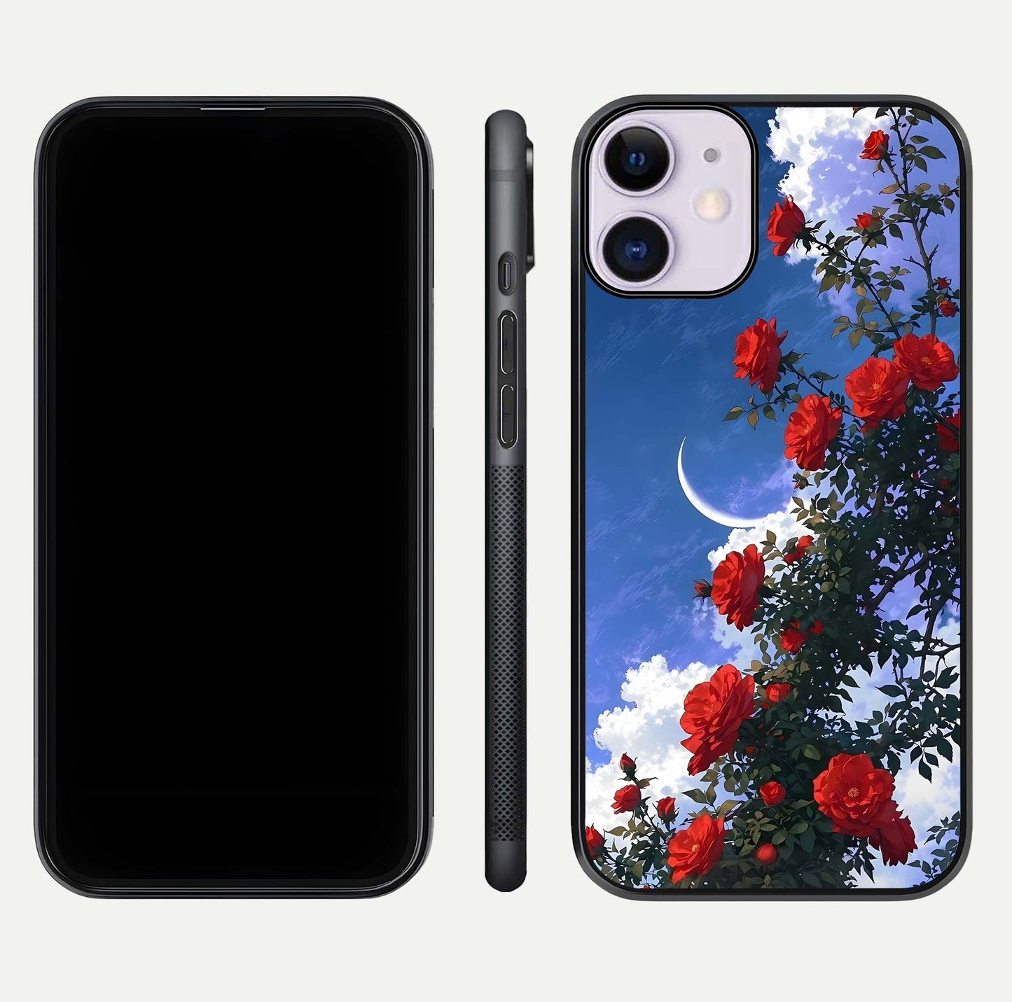 Rose Drift Flowers Glass Case for iPhone 11 front & back layout showing rose gradient tones and edges