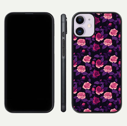 Rose Garden Twilight Glass Case for iPhone 11 front & back layout showing rich twilight tones and edges