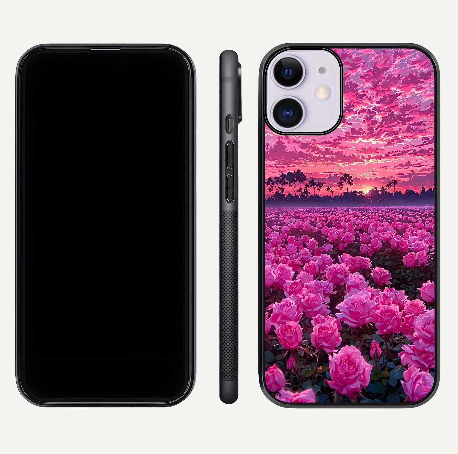 Rose Sunset Valley Glass Case for iPhone 11 front & back layout highlighting gradient tones and glass shine