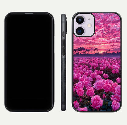 Rose Sunset Valley Glass Case for iPhone 11 front & back layout highlighting gradient tones and glass shine