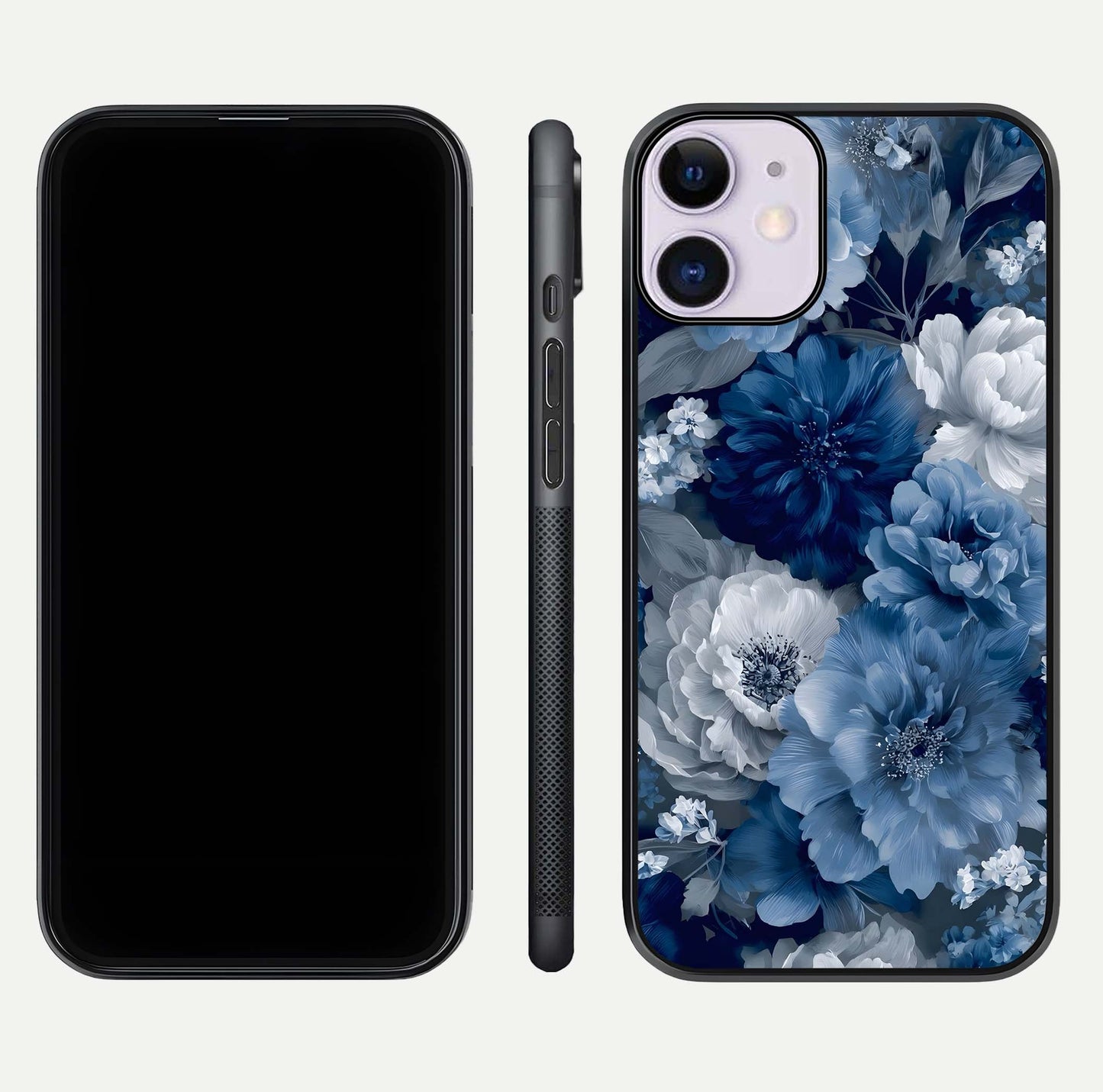 Royal Bloom Garden Glass Case for iPhone 11 front & back layout showing soft tones and curved glass design