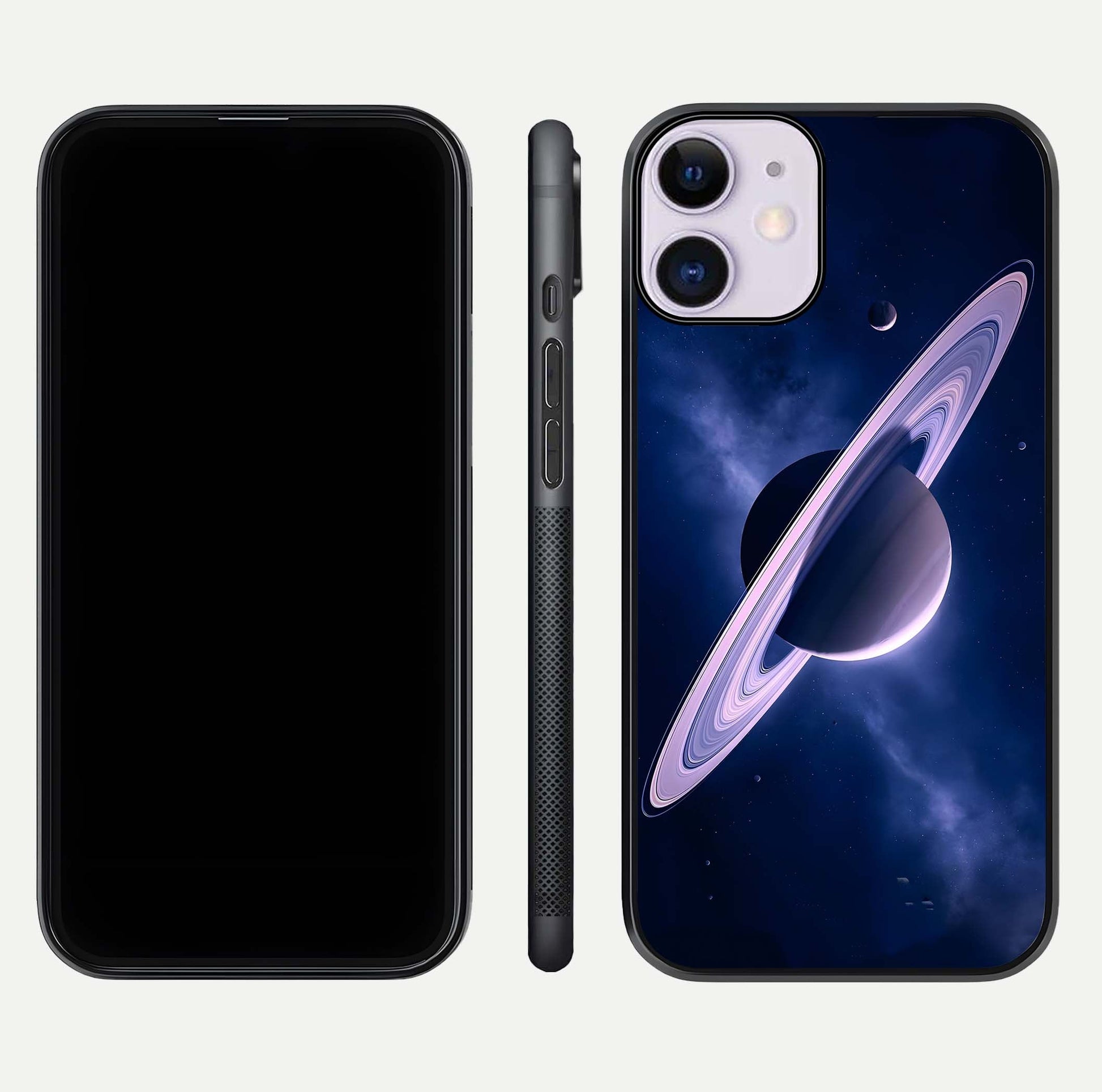 Saturn Ring Mystique Glass Case for iPhone 11 front & back layout showing cosmic tones and edge glow
