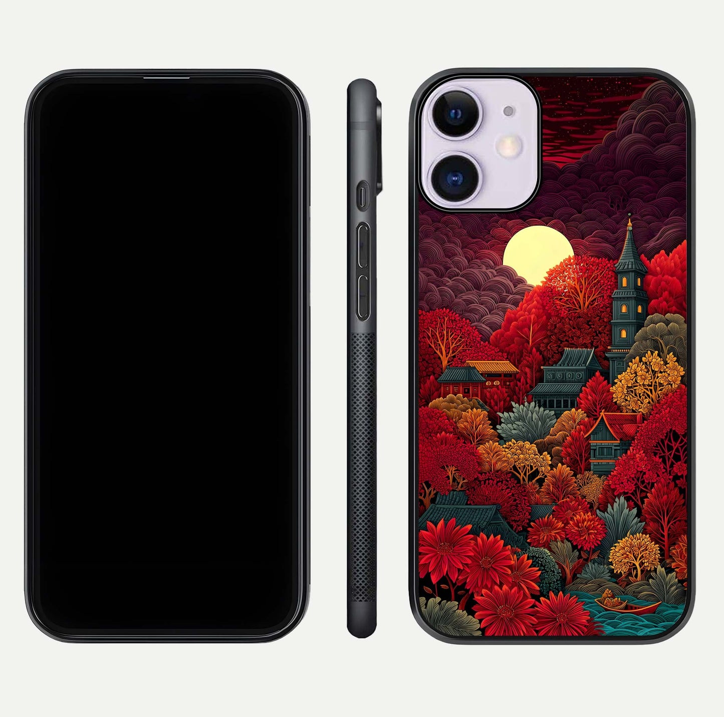 Scarlet Autumn Temple Glass Case for iPhone 11 front & back layout showing scenic tones and curved edges