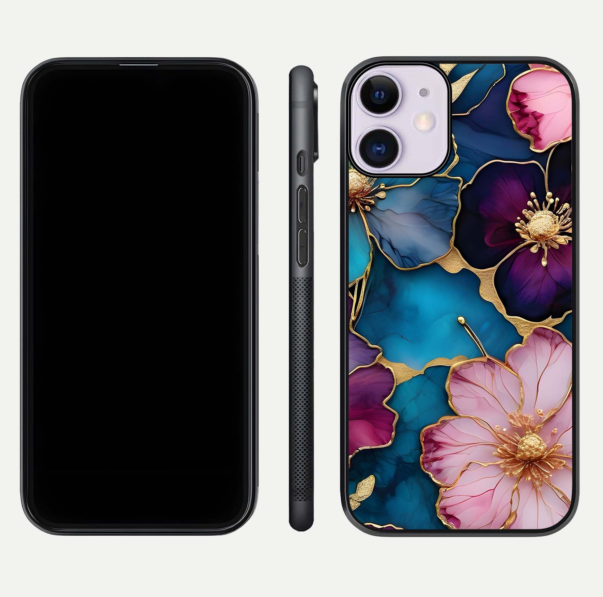 Sparkle Floral Glass Case for iPhone 11 front & back layout showing floral print and edge clarity