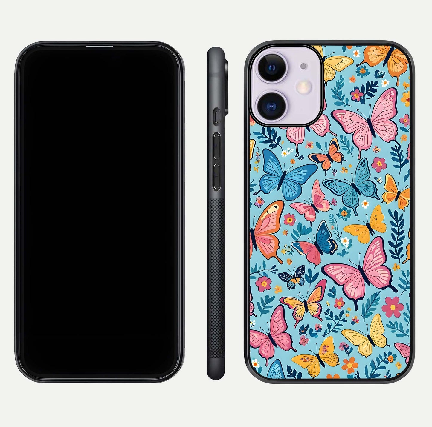 Spring Wing Garden Glass Case for iPhone 11 front & back layout showing soft tones and elegant glass design