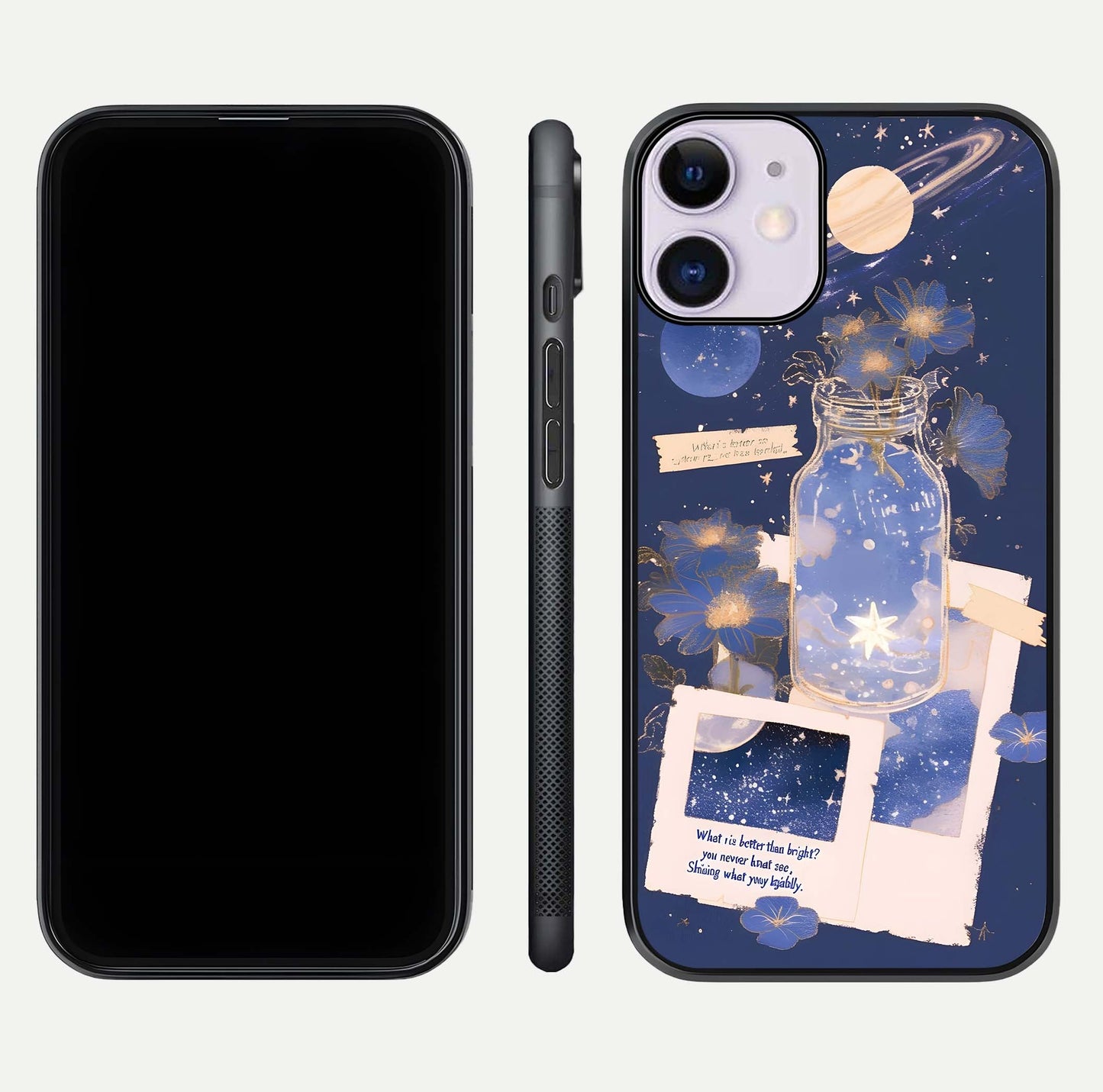 Starlit Cosmic Jar Glass Case for iPhone 11 front & back layout showing cosmic pattern and curved glass edge