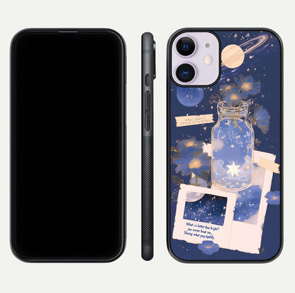 Starlit Cosmic Jar Glass Case for iPhone 11 front & back layout showing cosmic pattern and curved glass edge