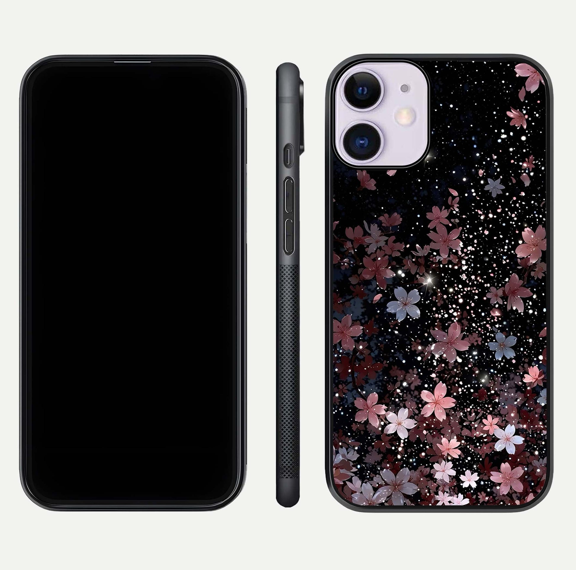Starlit Flower Dreams Glass Case for iPhone 11 front & back layout showing soft bloom design and curved edge