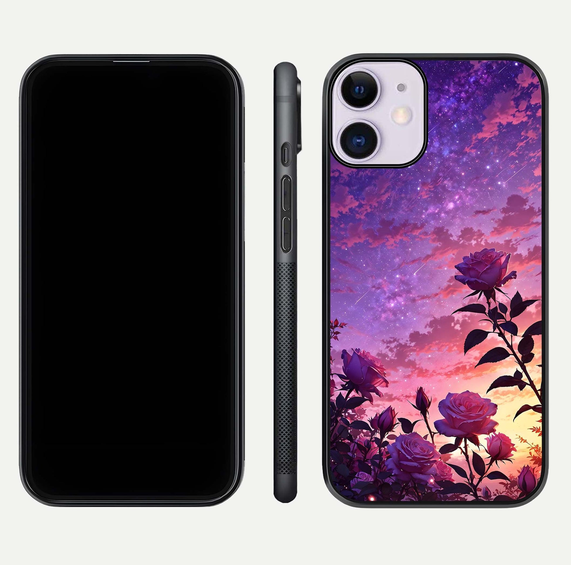 Starlit Rose Twilight Glass Case for iPhone 11 front & back layout showing floral blend and glossy edge