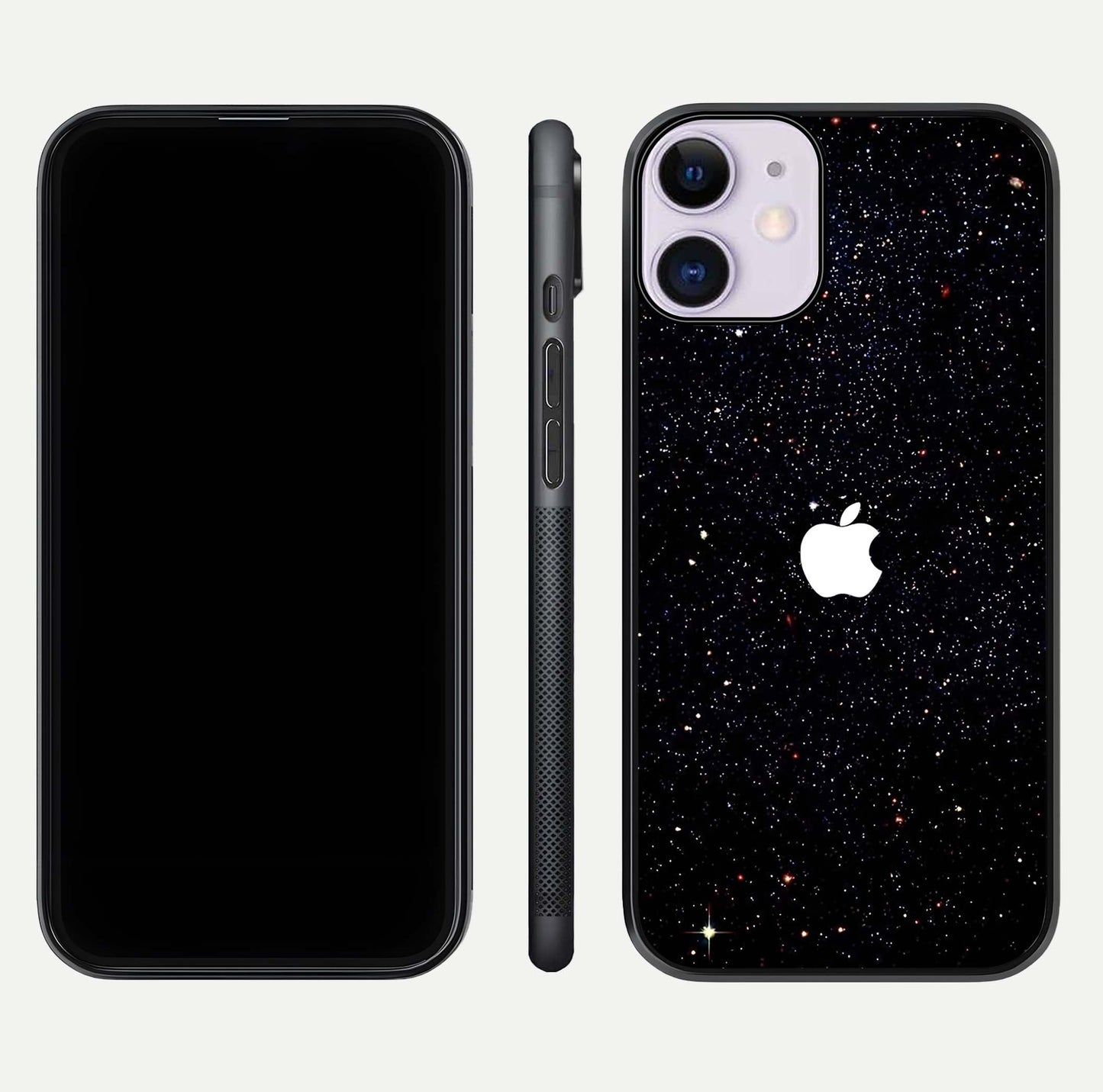 Starry Apple Galaxy Glass Case for iPhone 11 front & back layout showing cosmic tones and sleek edge
