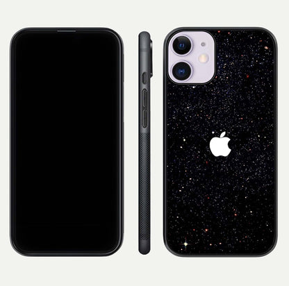 Starry Apple Galaxy Glass Case for iPhone 11 front & back layout showing cosmic tones and sleek edge
