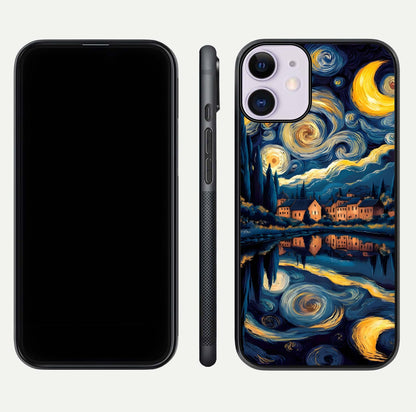 Starry Sky Serenity Glass Case for iPhone 11 front & back layout showing stars and curved glass edges