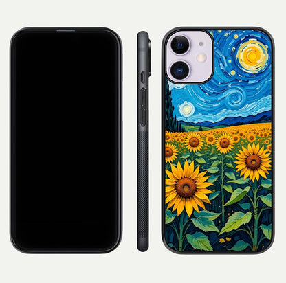 Starry Sunflower Dreams Glass Case for iPhone 11 front & back layout showing floral blend and edge detail