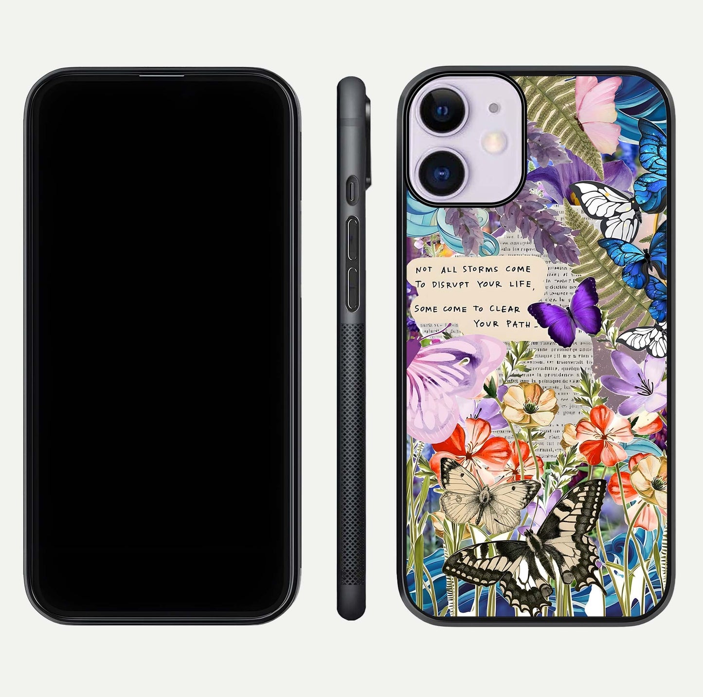 Storm Path Bloom Glass Case for iPhone 11 front & back layout showing moody floral blend and edges