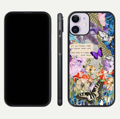 Storm Path Bloom Glass Case for iPhone 11 front & back layout showing moody floral blend and edges