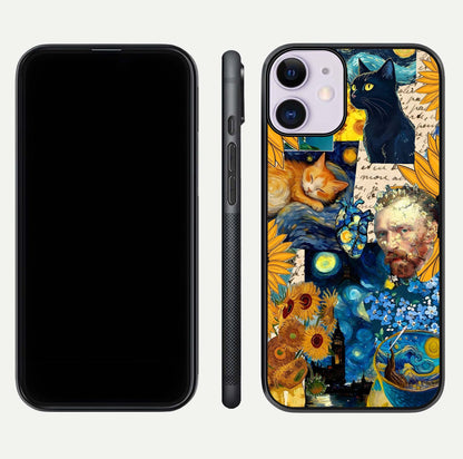 Sunflower Cat Art Glass Case for iPhone 11 front & back layout showing detailed floral cat design and edges