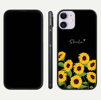 Sunflower Chic Mood Custom Name Glass Case for iPhone 16 Pro front & back layout highlighting custom text zone and shine
