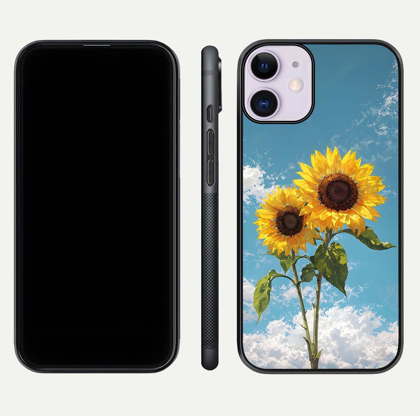 Sunflower Sky Bloom Glass Case for iPhone 11 front & back layout showing soft blue tones and flower contrast