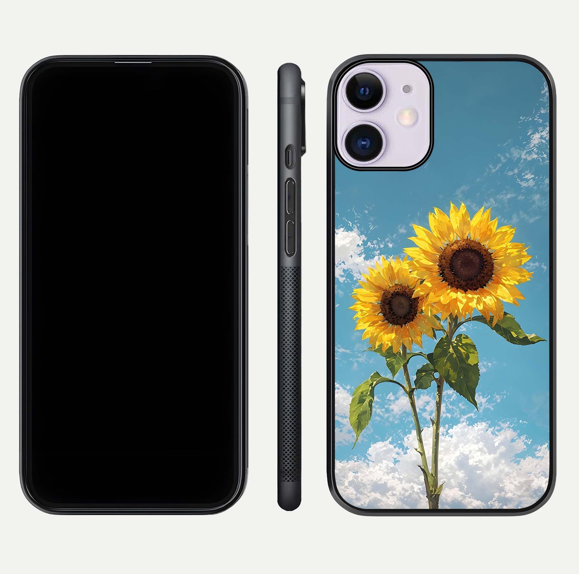 Sunflower Sky Bloom Glass Case for iPhone 11 front & back layout showing soft blue tones and flower contrast