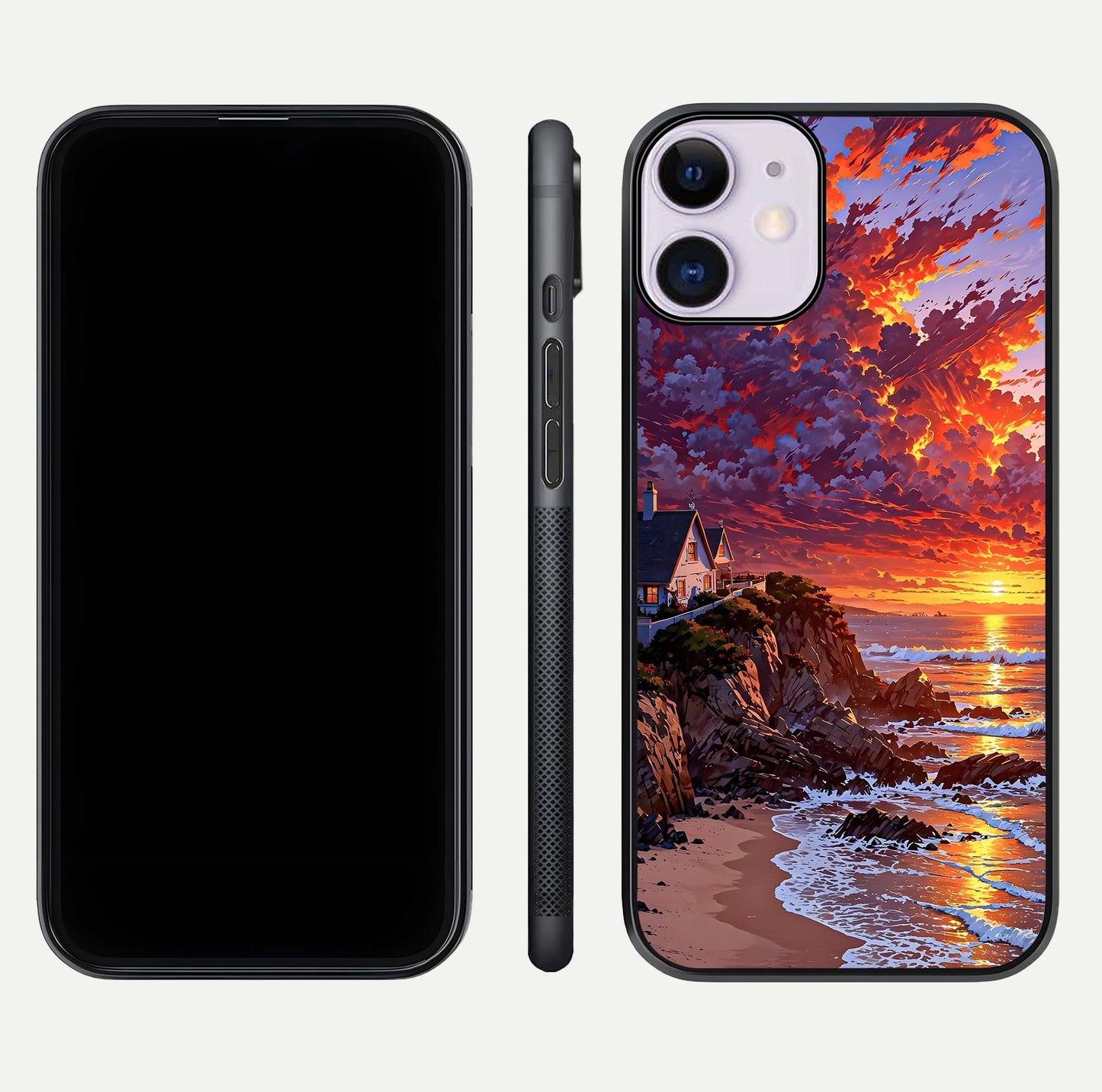 Sunset House by Sea Glass Case for iPhone 11 front & back layout showing scenic gradient and curved edge