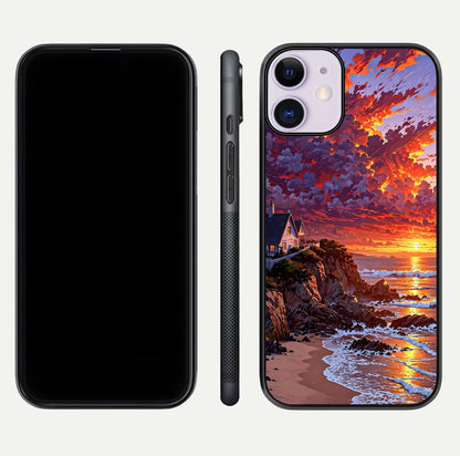 Sunset House by Sea Glass Case for iPhone 11 front & back layout showing scenic gradient and curved edge