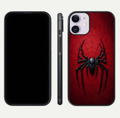 Venom Web Emblem Glass Case for iPhone 11 front & back layout showing contrast art and curved glass edges