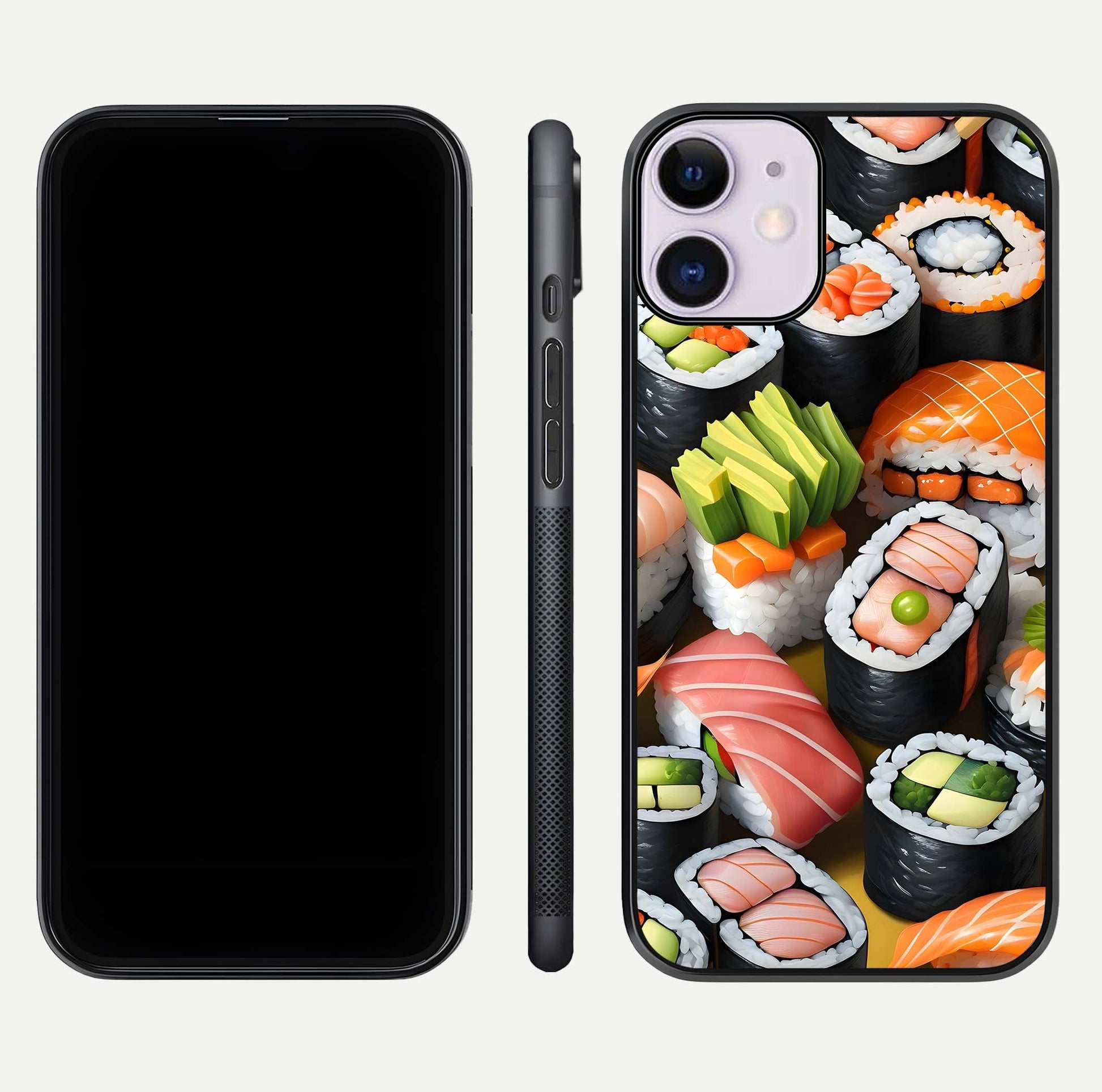 Sushi Food Pattern Glass Case for iPhone 11 front & back layout showing playful food theme and clear edges